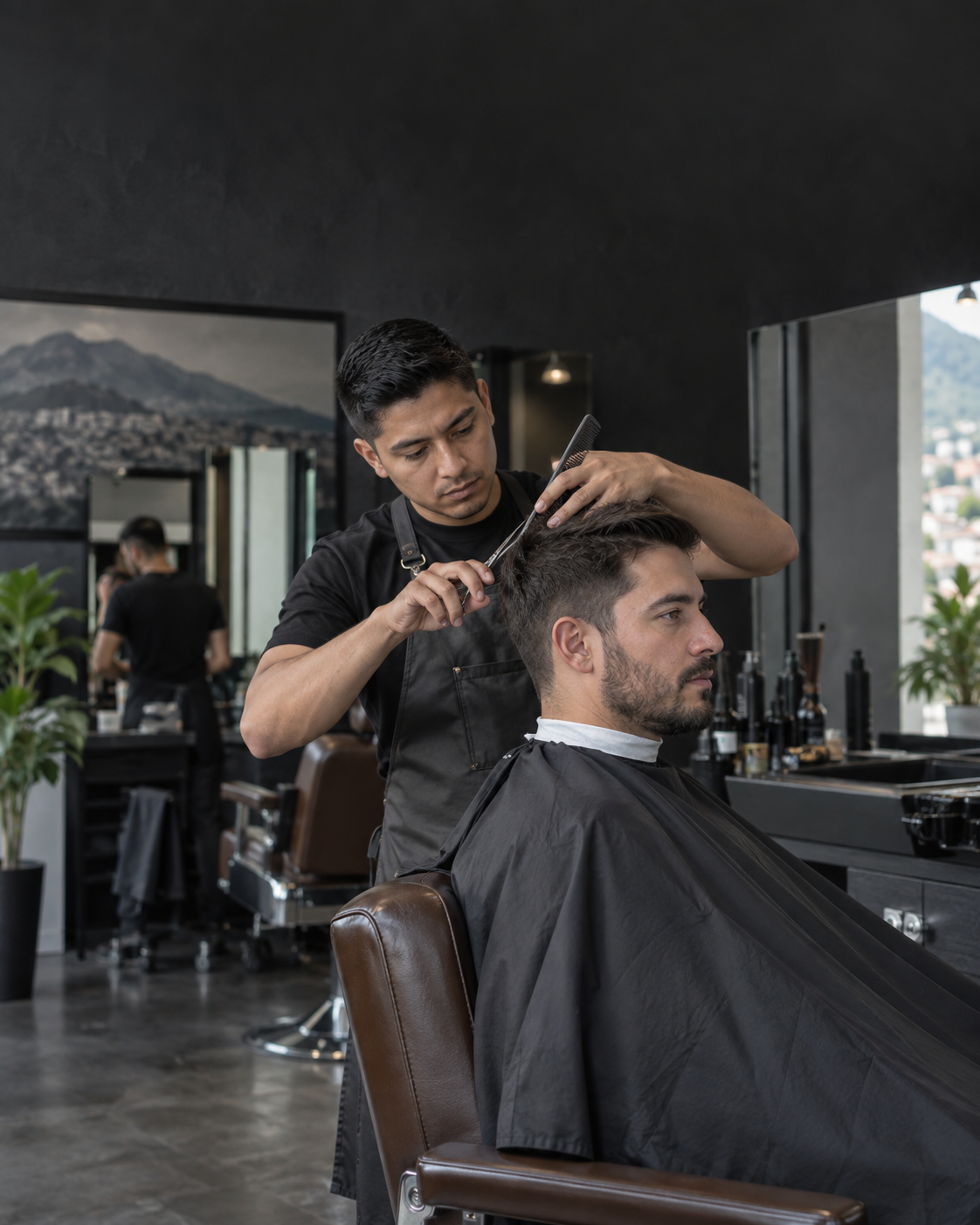 Profesional de barbería atendiendo a un cliente en un local moderno