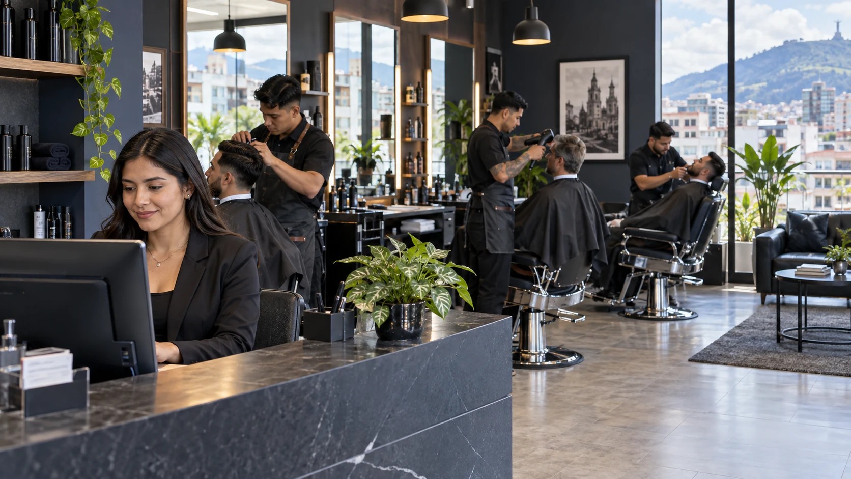 Recepcionista coordinando un local de barbería con varias estaciones de atención